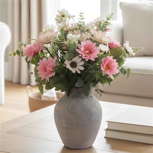 Pink Silk Flowers In A Stone Vase